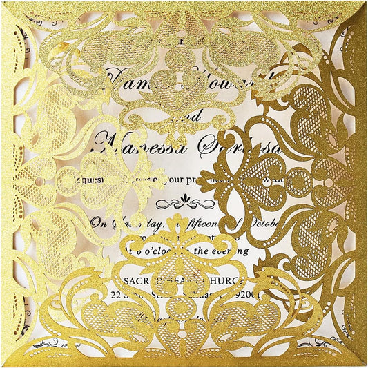 Hosmsua 50PCS Personalized Gold Laser Cut Wedding invitation Cards With Envelopes 6.3 x 6.3 Inch Hollow Lace Rose Invitation Pocket for Engagement Wedding Bridal Shower Invite (Gold Glitter)