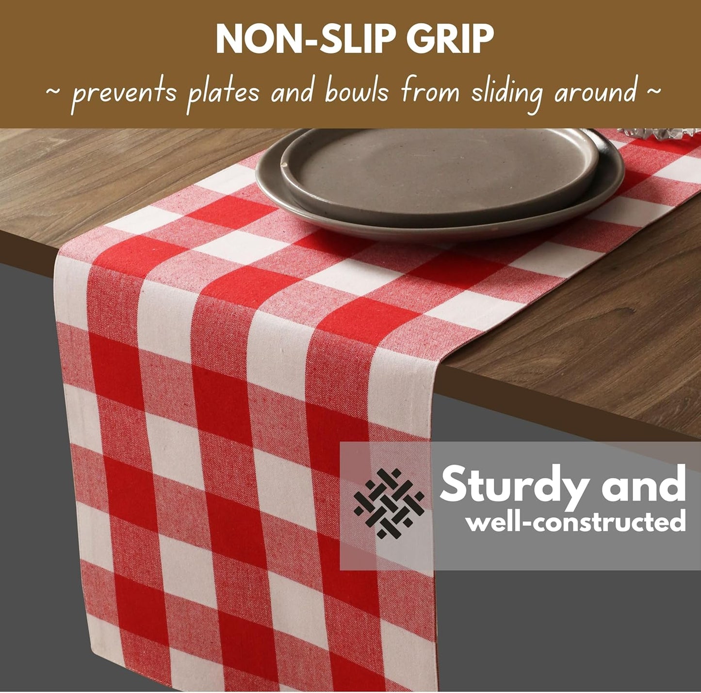 Native Fab Table Runner Buffalo Check Plaid 100% Cotton - 13x90 Inches Kitchen Dining Table Decoration for Indoor Outdoor Farmhouse Home Party Decor - Red and White