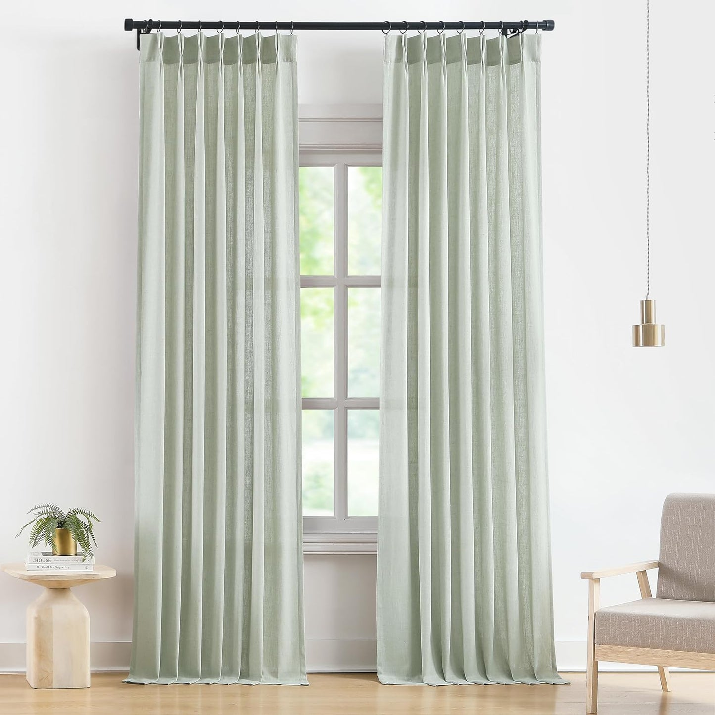Vision Home Soft Green Pinch Pleated Semi Sheer Curtains Textured Linen Blended Light Filtering Window Curtains 112 inch for Living Room Bedroom Pinch Pleat Drapes with Hooks 2 Panels 40" Wx112 L