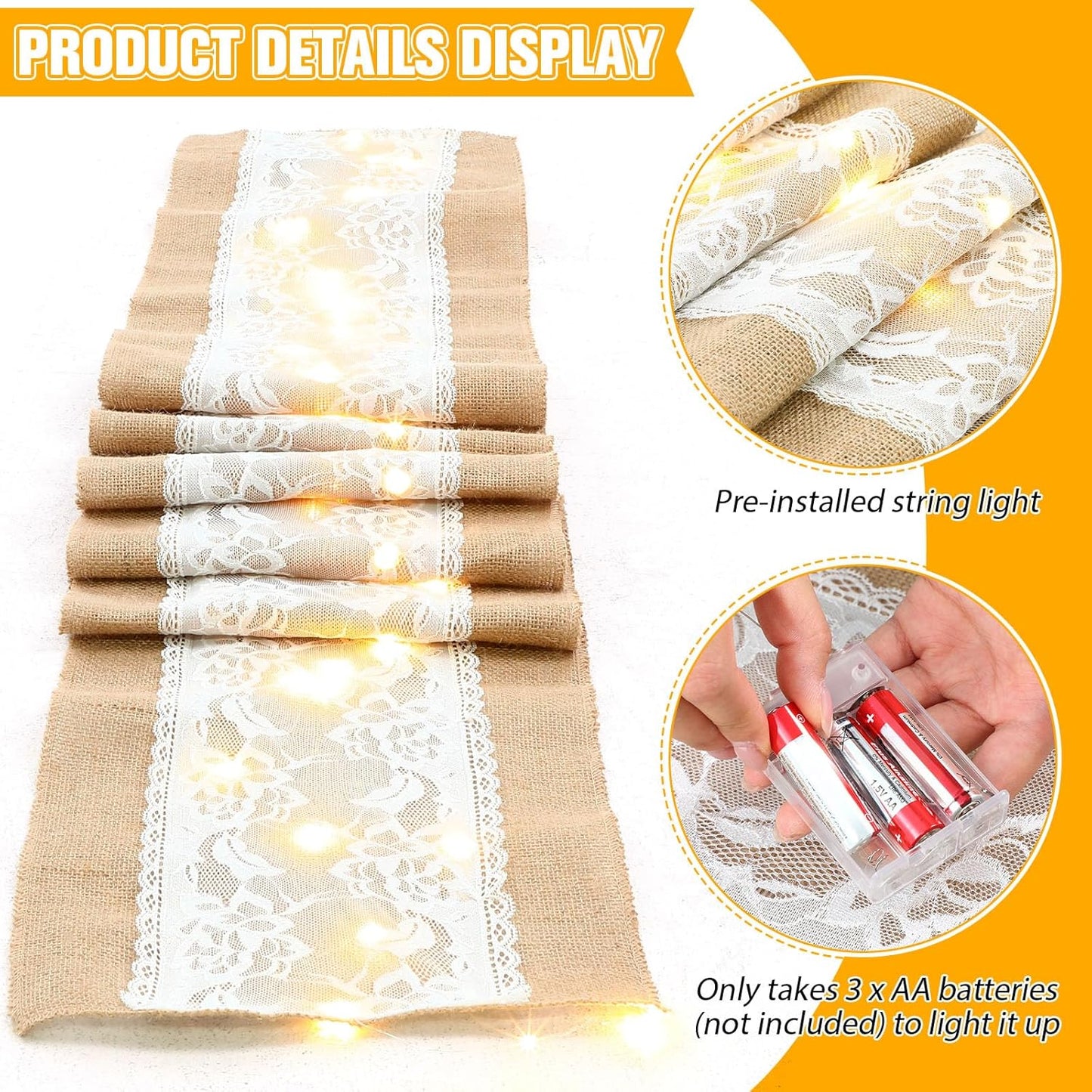 Xinnun 6 Pack Burlap Table Runner with LED String Lights, Modern Rustic Lace Natural Vintage Boho Jute Wedding Table Decor for Farmhouse Thanksgiving Christmas(Wedding Lace LED,12x108 Inches)