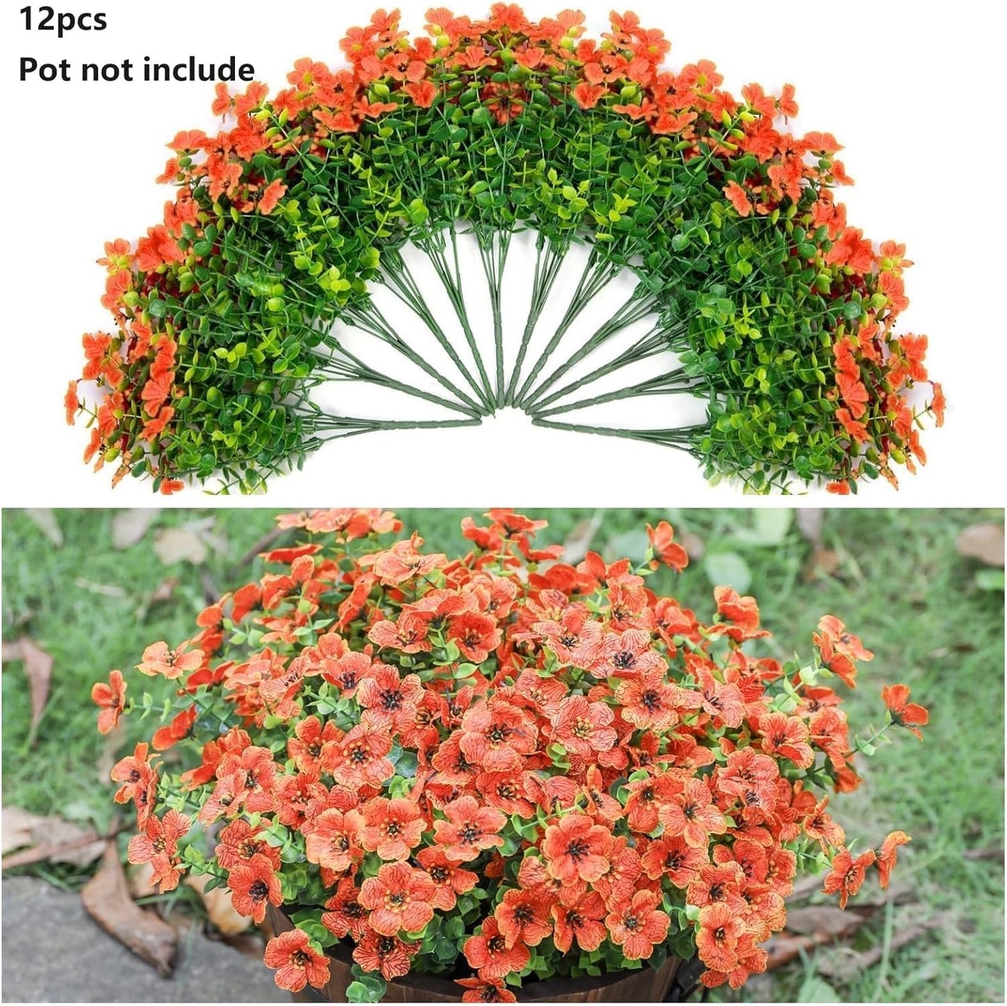 HyeFlora Artificial Flowers for Outdoor Indoor Garden Home Decoration, Faux Flower Daisy with Eucalyptus Leaves Fake Plants Greenery Boxwood Porch Patio, 12 Bundles Orange