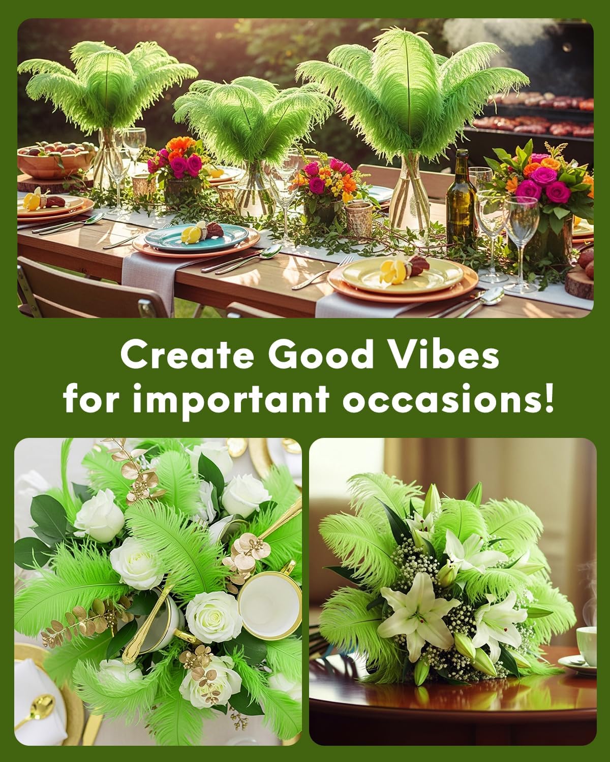 NEWONG 30pcs Fruit Green Ostrich Feathers Natural Bulk 11-14inch(28-35cm) Vase Craft Wedding Home Party Centerpieces Christmas Day Decoration