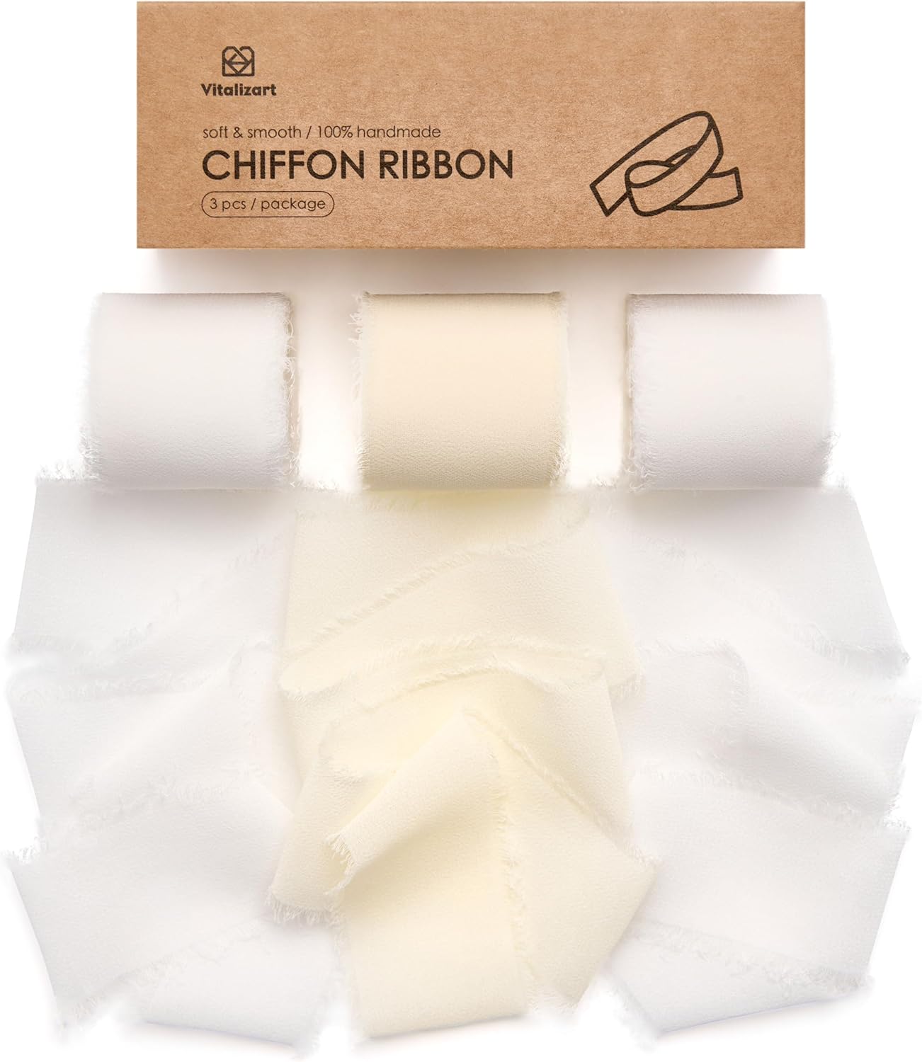 Vitalizart White Handmade Chiffon Silk Ribbon Fringe 1.5" x 21 Yd Frayed Edges Ribbons for Wedding Invitations Bridal Bouquets Gifts Wrapping Crafts Holiday Party Decorations