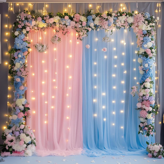 Fomcet Tulle Curtains with Lights String Pink and Blue 10FT X 10FT Sheer Backdrop Curtains for Parties Wedding Baby Shower Photo Shoot Decorations (2 Panels 5 x 10FT)