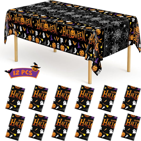 QZYL 12 Pack Halloween Plastic Tablecloth, 54" x 108" Pumpkin Decorations, Spider Webs Pumpkin Design Disposable Table Cloth Tablecover, Halloween Party Decor Dinnerware Indoor
