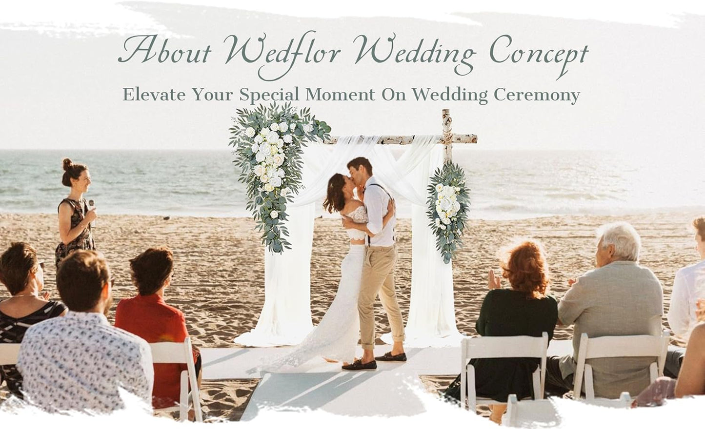 Wedding Arch Flowers with Drapes Kit (Pack of 4) - 2pcs Artificial Ivory & White Deluxe Swag with 2pcs Sheer Drapes for Wedding Ceremony Arbor Reception Backdrop Rose Floral Decoration