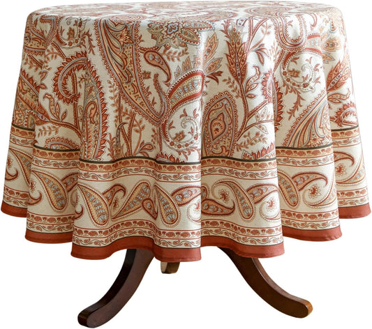 ISAENNE Designer French Red Round Tablecloth,Fall Linen Table Cloth with Cashew Pattern,Stain Proof Decor Tablecloths for Dining Thanksgiving Kitchen Christmas,Diameter 67"-Chauffrey D