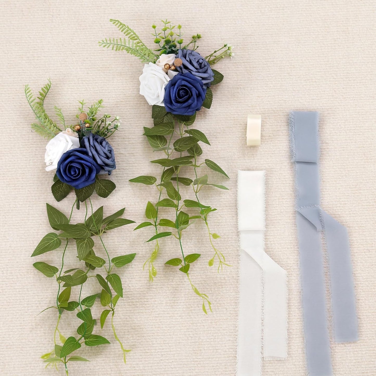 DORIS HOME Wedding Chair Decorations Blue Pew Flowers Set of 10 for Wedding Ceremony Party Aisle Decor with Artificial Flowers Eucalyptus and Ribbons