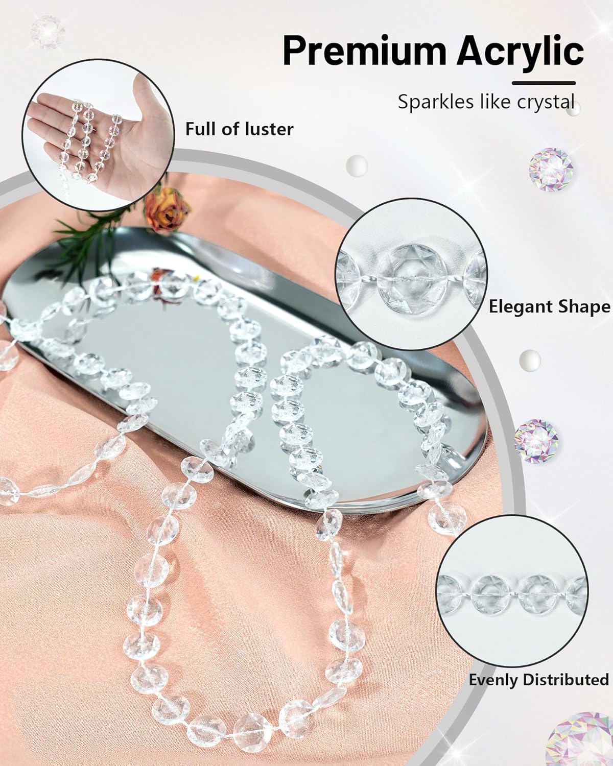 49FT Acrylic Crystal Garland, Clear Diamond-Shaped Crystal Bead Strands, DIY Crystal Beads String Roll for Wedding Decorations Party Decorations Beaded Curtain Crafting Projects