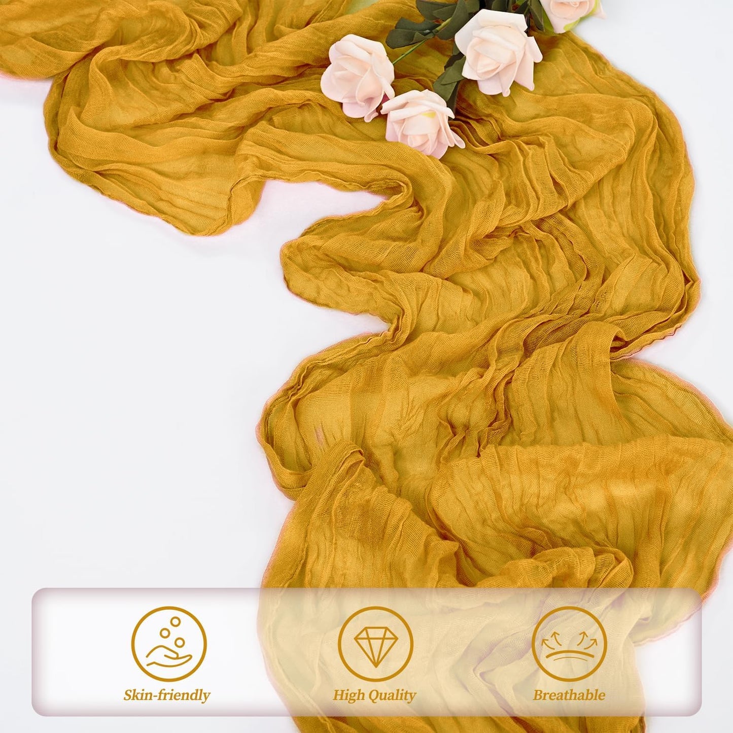 12 Pack Mustard 10FT Cheesecloth Table Runner Rustic Gauze Fabric Cheese Cloth Table Runner for Wedding Bridal Baby Shower Table Decor Boho Sheer Birthday Party Table Decorations 20 x 120 Inch Long