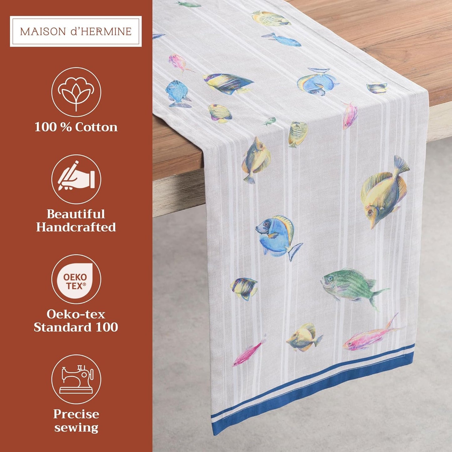 Maison d' Hermine Table Runner 100% Cotton Double Layer Table Runners 108 inches Long Decorative for Home Kitchen Dining Party Baby Shower Wedding Bridal Shower Spring Summer (Poisson, 14.50" x 108")