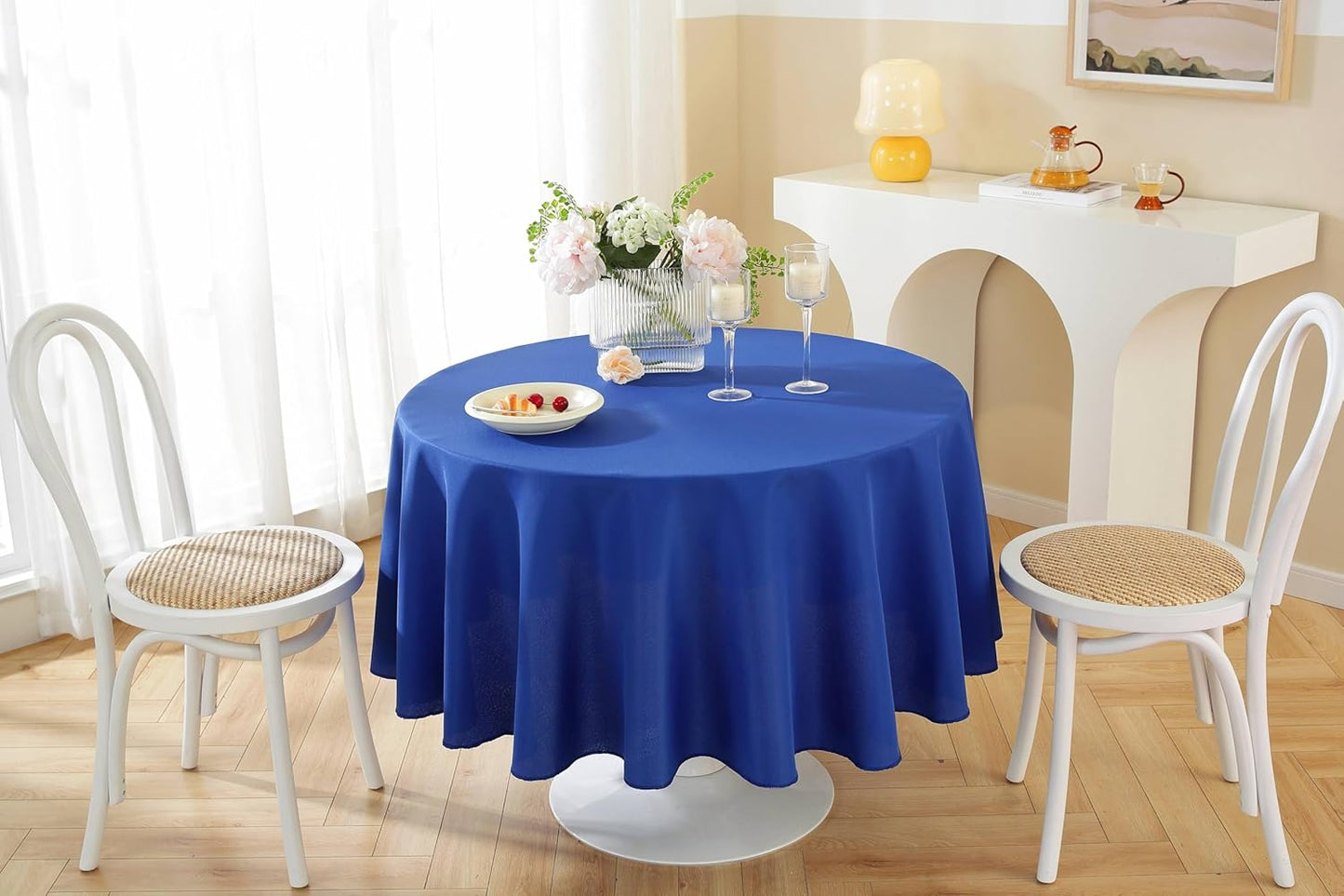 Craft And Party Round Tablecloth, 108 Inch Royal Blue Tablecloth, Polyester Fabric Washable Table Cloth for Home, Party, Wedding or Restaurant Use.