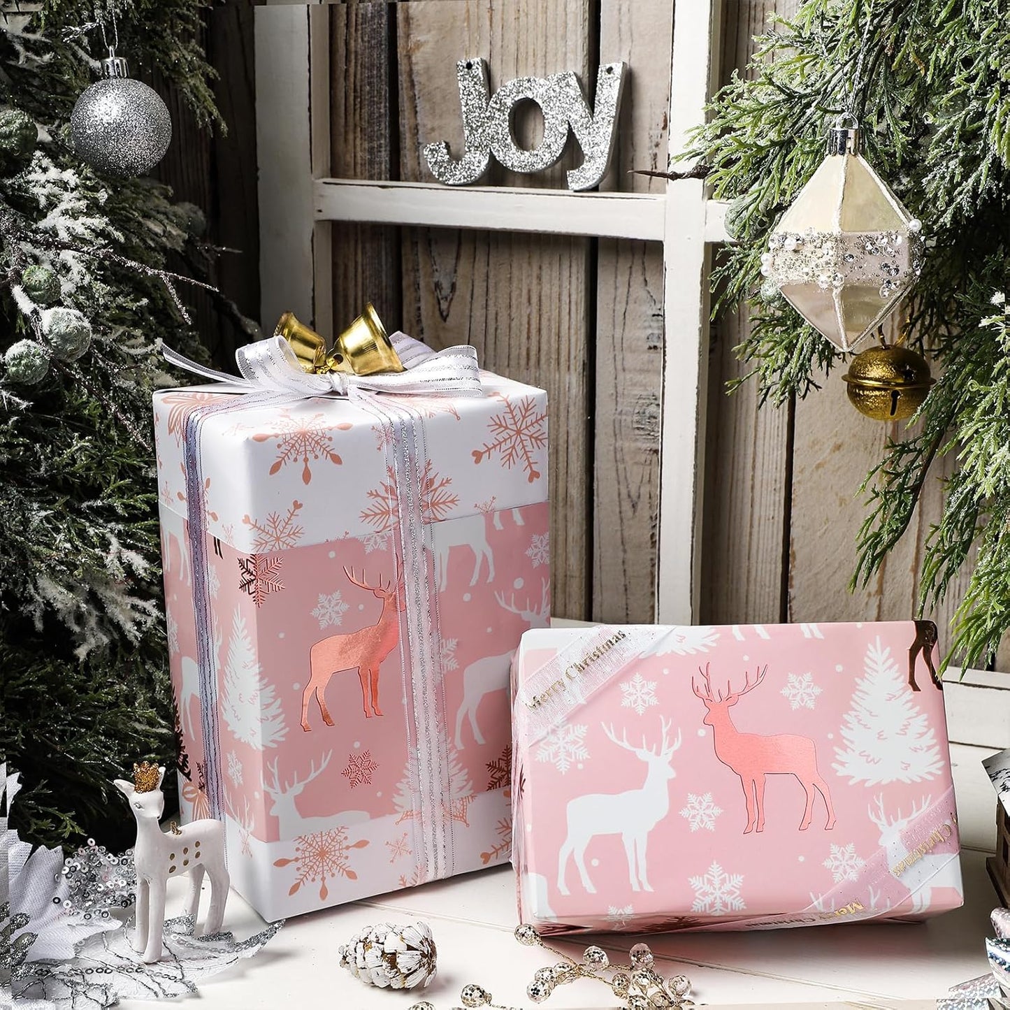 LeZakaa Christmas Pink Wrapping Paper Mini Roll, Reindeer & Snowflake, Metallic Foil, Rose Gold Foil Reversible Design for Festive Winter Holiday, Family Gathering, 17 inches x 32.8 Feet