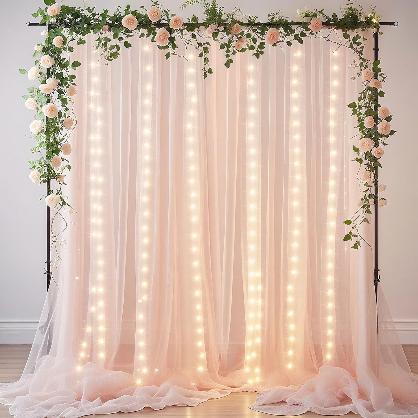 10×10ft Tulle Backdrop Curtains with Lights String - 300LED Fairy Lights Sheer Curtain Backdrop for Weddings Baby Shower and Birthday Party Decorations(4 Panels 5×10ft)