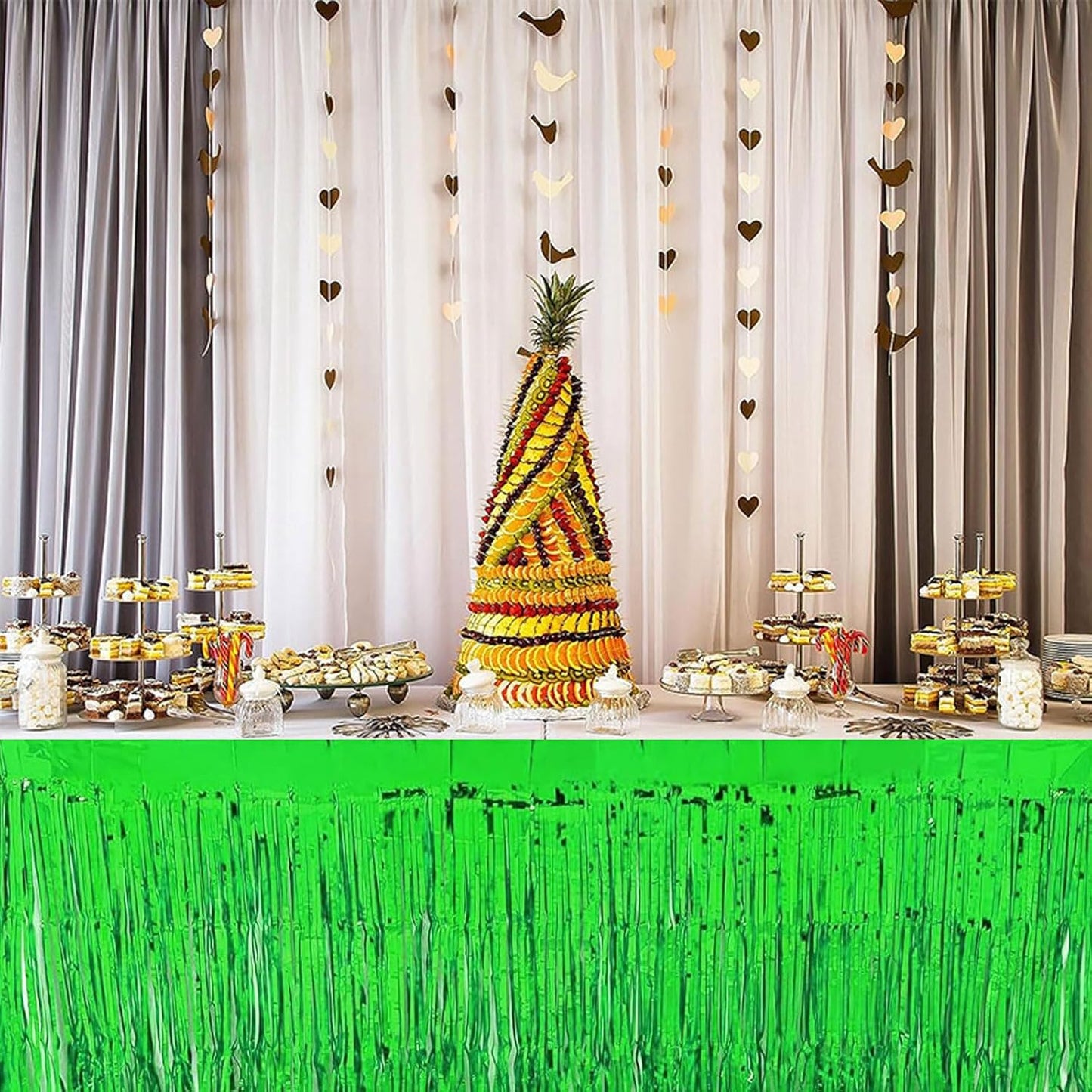 4 Pack Metallic Foil Fringe Tinsel Table Skirts,29x108 Inch Party Disposable Table Skirt Banner for Hotel Banquet Parade Floats Mardi Gras Holiday Birthday Wedding New Year Party Decoration(Green)