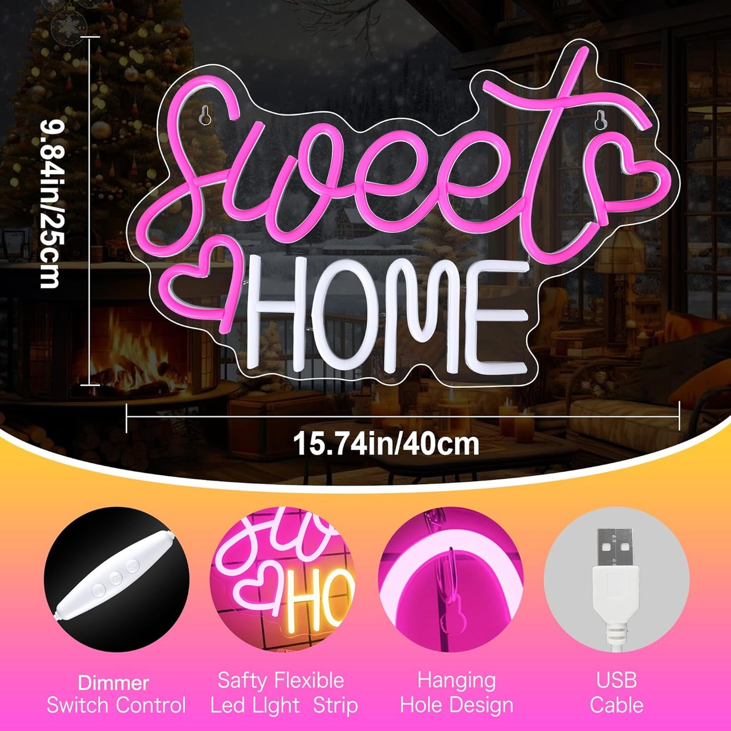 Sweet Home Neon Sign for Wall Decor, 15.7x9.8 inch USB Powered Home Sweet Home Neon Signs with Dimmer Switch for House Warming Party Living Room Apartment Bedroom Housewarming Homecoming Gift