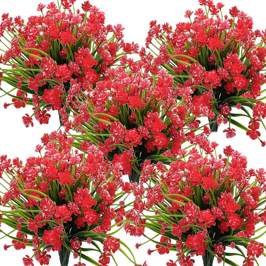 Artificial Flowers Outdoor UV Resistant Fake Plants Indoor Outside Hanging Planter Home Garden Decor, 10 Bundles (Red)