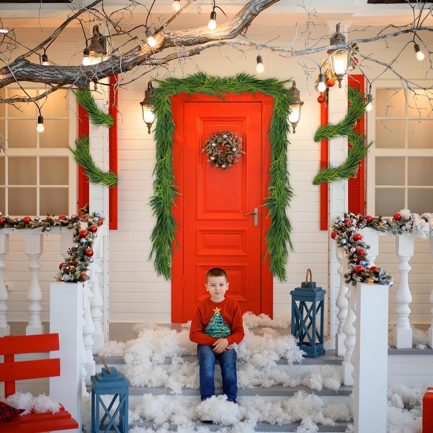 4 Pcs Artificial Norfolk Pine Garlands Christmas, 9 FT Dense Real Touch Winter Pine Garland Ornament, Green Artificial Greenery Garland for Table, Mantle, Wall, Indoor, Outdoor Christmas Decorations