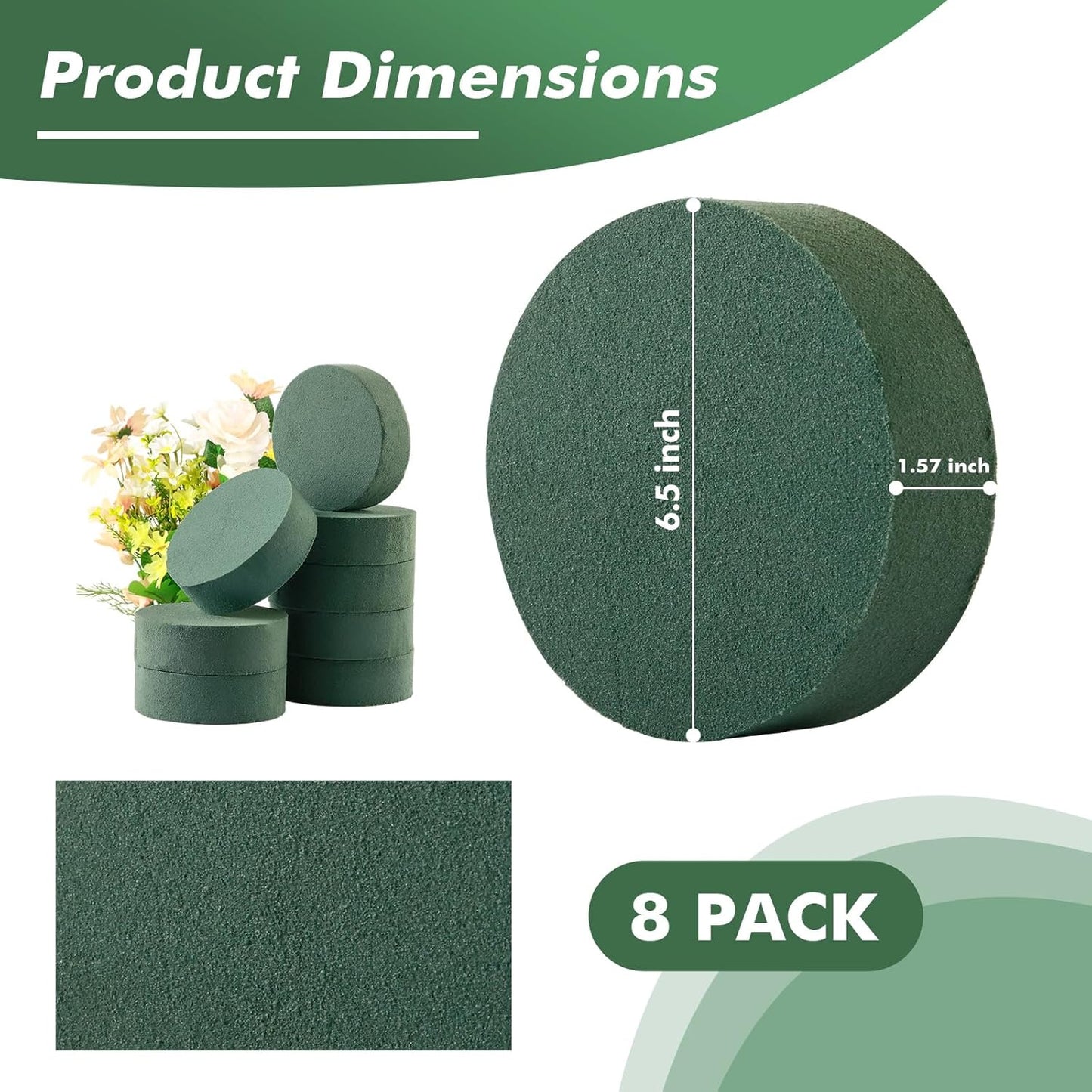 8 Pcs Round Floral Foam Blocks for Fresh & Artificial Flowers, 6.5" Wet & Dry Green Flower Foam for Indoor Outdoor Floral Arrangements, Large Styrofoam Block for Wedding, Birthdays, Home Décor