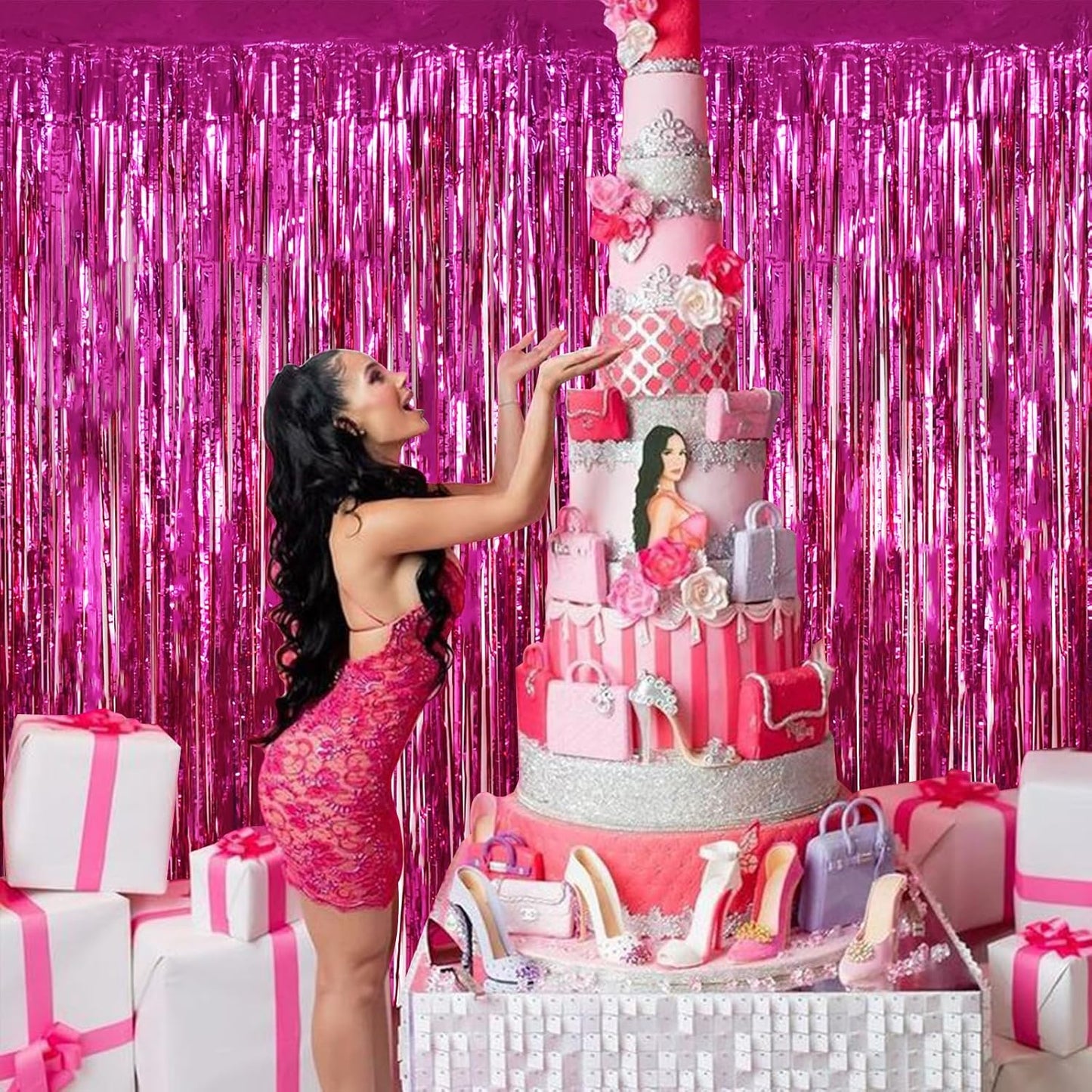 BEISHIDA 2 Pcs Hot Pink Backdrop Pink Door Streamers Tinsel Curtains Streamers Party Decoration Foil Fringe Backdrop Wall Background Photo Booth for Girls Birthday Bachelorette Party Decorations