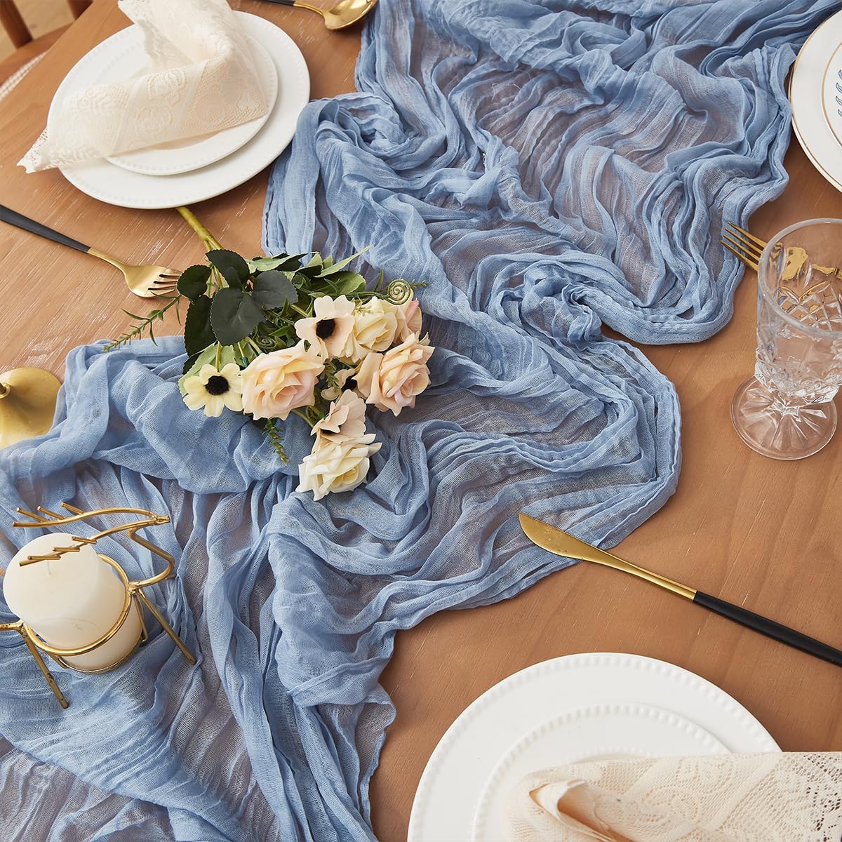 Dusty Blue 6 Pack Cheesecloth Table Runner 120 Inch 10 FT Boho Rustic Gauze for Wedding Baby Shower Party Farmhouse Summer Home Decor Washable