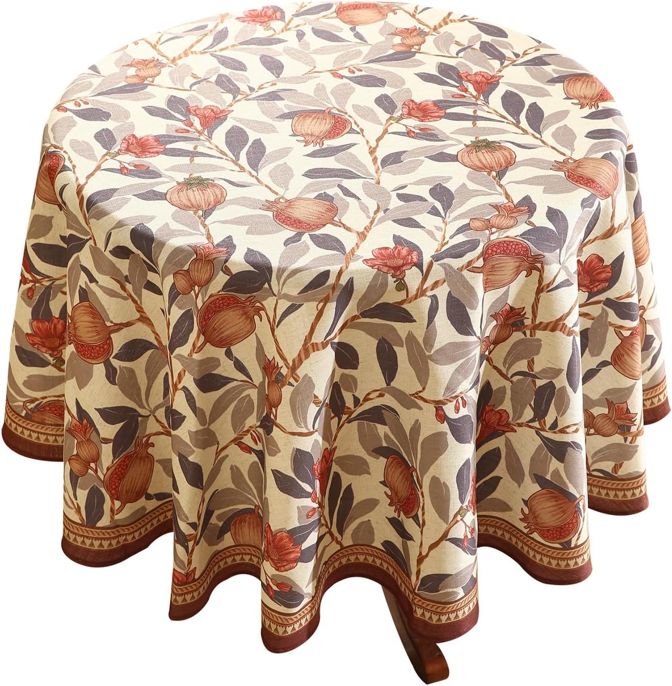 patdrea Designer Linen Round Tablecloth,Vintage Pomegranates and Leaves Tree Tablecloths,Fall Table Decor Cover for Kitchen Dining Christmas,Thanksgiving,Tea Party,Diameter 67"-Tehran a