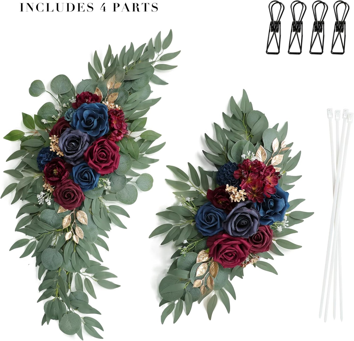 Artificial Navy Blue Wedding Arch Flower Swags Set of 2 for Wedding Welcome Signs Floral and Wedding Reception Ceremony Decorations, Burgundy Wedding Flowers Decor