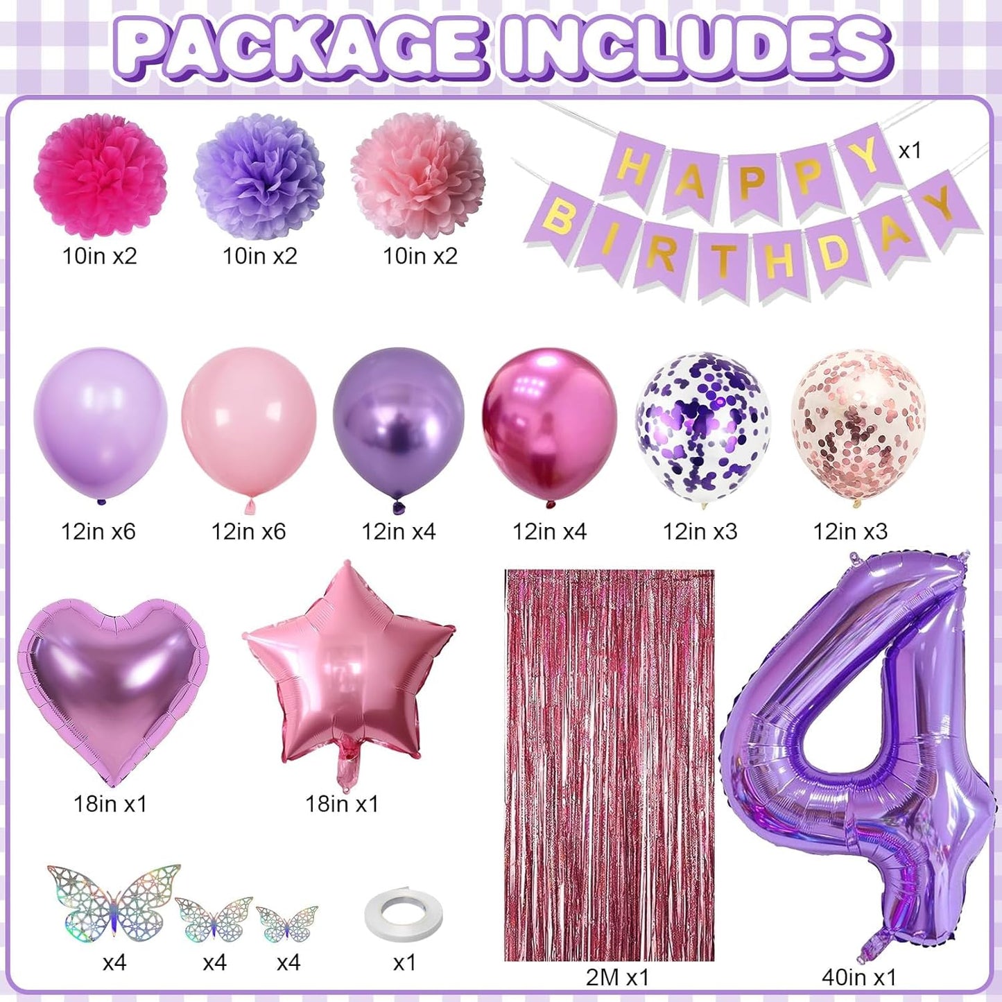 Pink Purple 4th Birthday Party Decorations for Girls Number 4 Balloon Happy Birthday Banner Butterfly Stickers Fringe Curtain Paper Pom Poms Metallic Hot Pink Star Foil Balloons 4 Year Old Princess