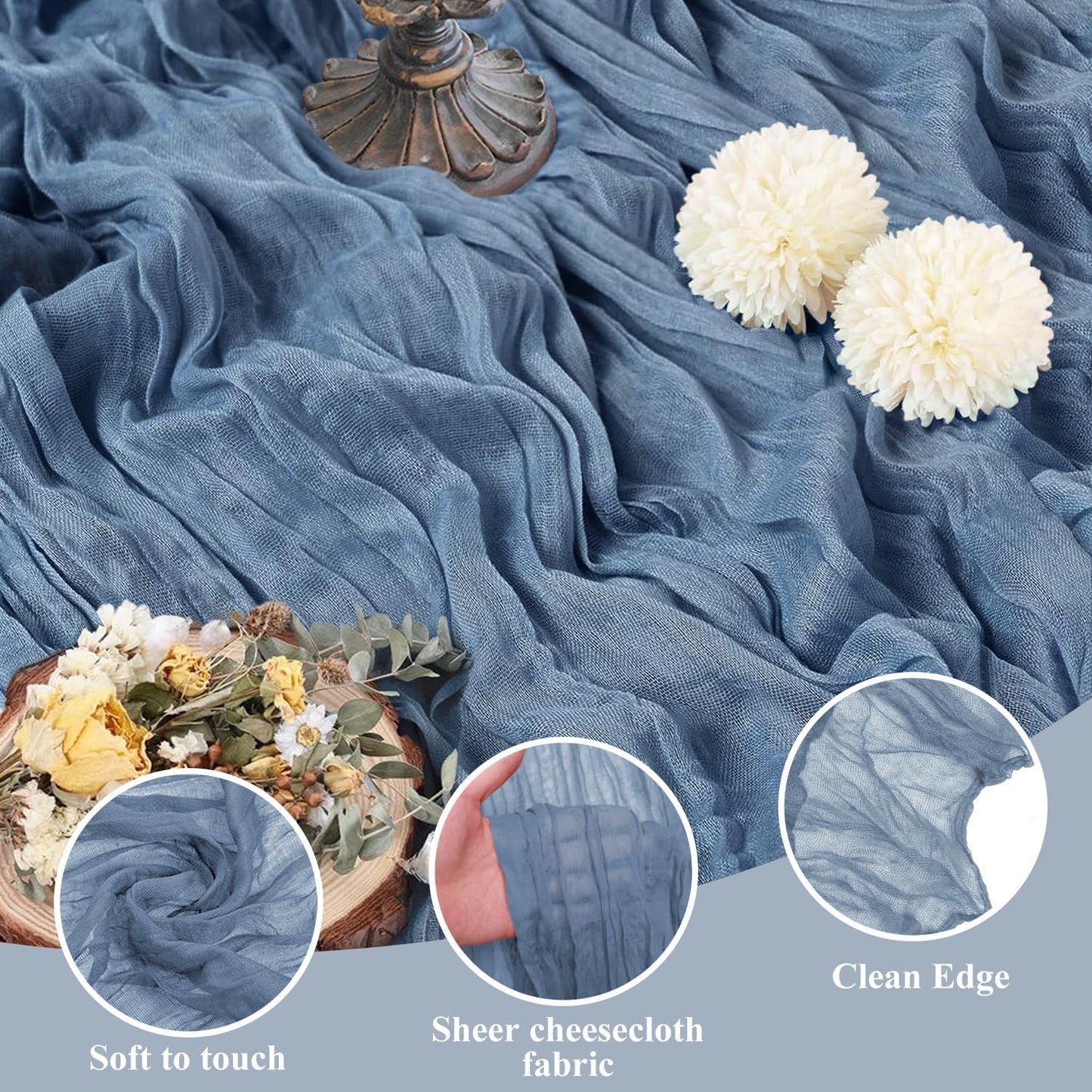 Asee'm 6pcs Cheesecloth Table Runner 120 Inches Long Dusty Blue Boho Gauze Cheese Cloth Runner 10FT Rustic Sheer Table Runners for Christmas Wedding Party Baby Shower Spring Easter Decoration