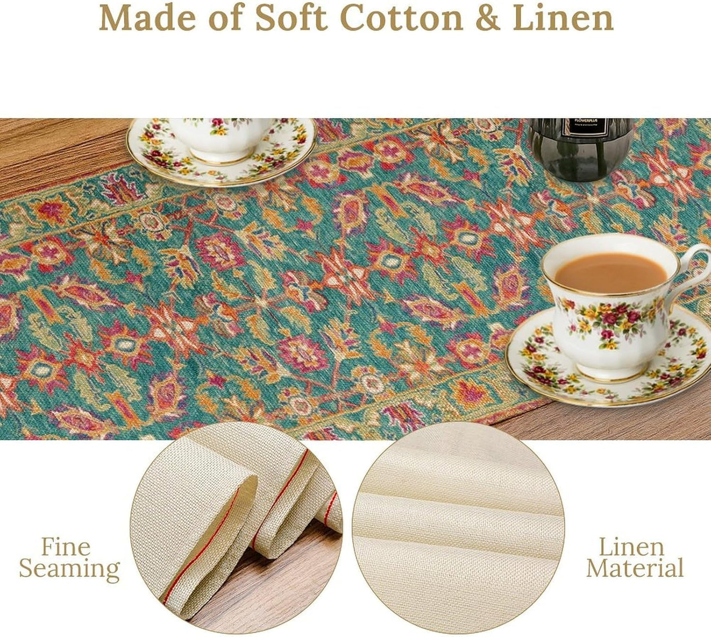 Vintage Boho Floral Table Runner, Rustic Country Farmhouse Teal Red Purple Flower Pattern for Home Kitchen Table Decor Dining Coffee Room Party Decor 13x108in