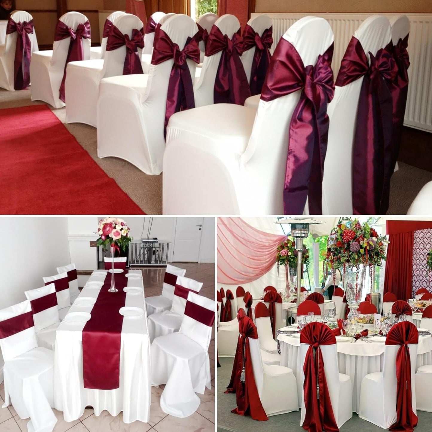 100 PCS Satin Chair Sashes Decorative Bow Satin Chair Sashes Ties Seat Ribbon Bows Chairs Cover Band for Wedding Party Event Ceremony Reception Holiday Banquet Home Kitchen Decor(7 x108 inch,Burgundy)