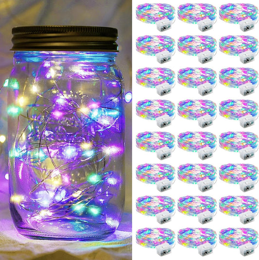 24 Pack Fairy Lights 7Ft 20 LED Twinkle String Lights 3 Modes Battery Operated Waterproof Firefly Starry for Mason Jar Party Wedding Christmas Valentines Day Table Centerpieces,Multicolor