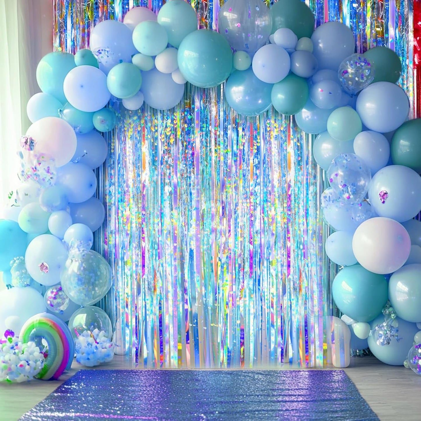 2 Packs Iridescent Foil Fringe Curtain, Neon Transparent Holographic Tinsel Backdrop for Birthday, Wedding, Baby Shower, Mermaid, Euphoria, Iridescent Party Decorations Supplies