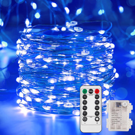 4 Pack 32.8 Ft. Battery Operated Outdoor String Lights with Remote & Timer, LED Blue Fairy Lights, Waterproof Twinkle Lights for Bedroom, Dorm, Mason Jar, Wedding, Party, Christmas