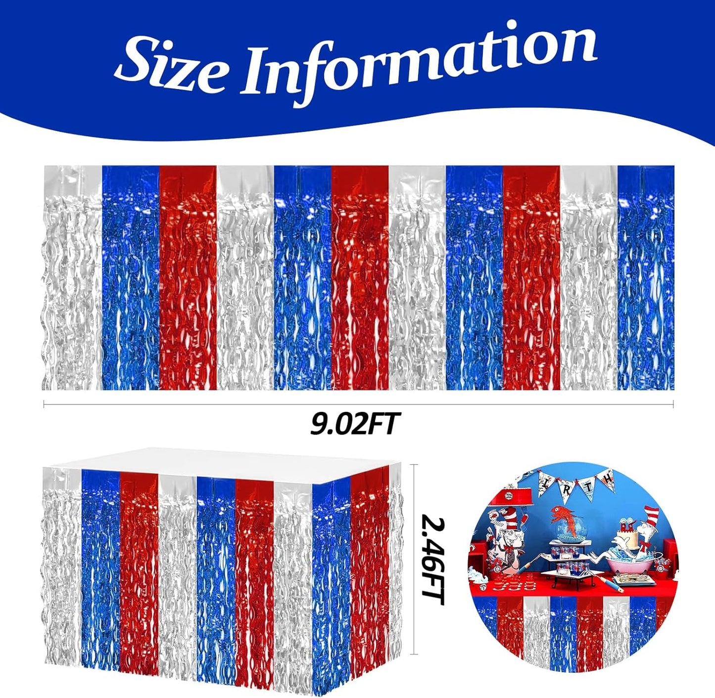 4P Wavy Metallic Tinsel Foil Fringe Table Skirts for Rectangle Tables Backdrop Garland Curtains for Parade Floats Wedding Birthday Parties Decoration Graduation 2025 Christmas (Red Blue White)