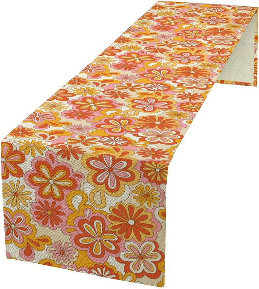 Vintage Floral Table Runner,70s Style Retro Daisies Flower Hippie Table Runner for Kitchen Dining Table Home Party Decoration 13x36 Inch