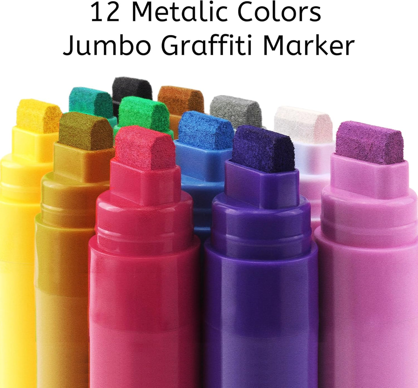 Jumbo Graffiti Poster Markers Set: 12 Metallic Colors Large 15mm Wide Tip Permanent Ink Thick Acrylic Paint Pens for Rock Painting, Stone, Glass, Wood, Ceramic, Metal, Plastic, Fabric