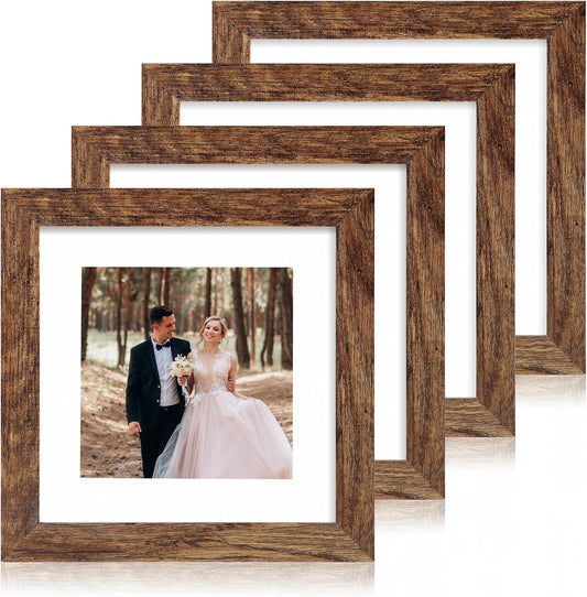 8x8 Picture Frame Set of 4 with HD Glass, Display 6x6 Pictures with Mat or 8 x 8 Without Mat, Rustic Wood Photo Frame for Wall Mount and Tabletop Display