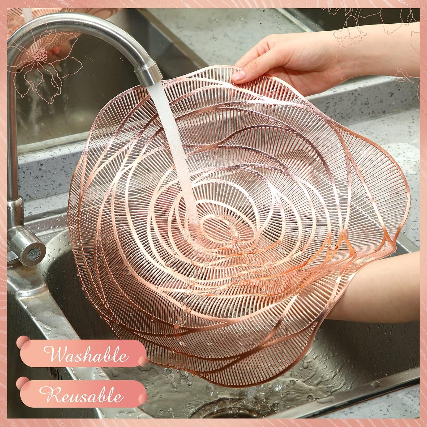 Sieral 48 Set 15 Inch Round Pressed Vinyl Placemats Hollow Out Rose Placemat Set Metallic Slip Resistant Place Mat Coaster Including Place Mats and Coasters for Wedding Dining Kitchen (Rose Gold)