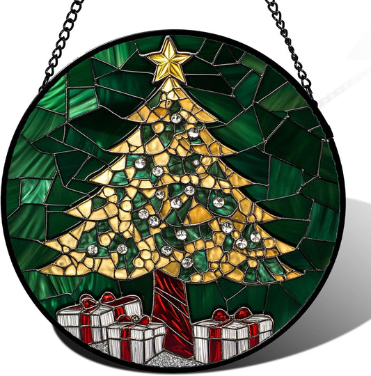 Stained Glass Window Hanging - Gold Green Christmas Tree Suncatcher for Doors Home Christmas Decoration Winter Sun Catcher Thanksgiving New Year Birthday Gifts for Women Men Mom Nana 7.8 in