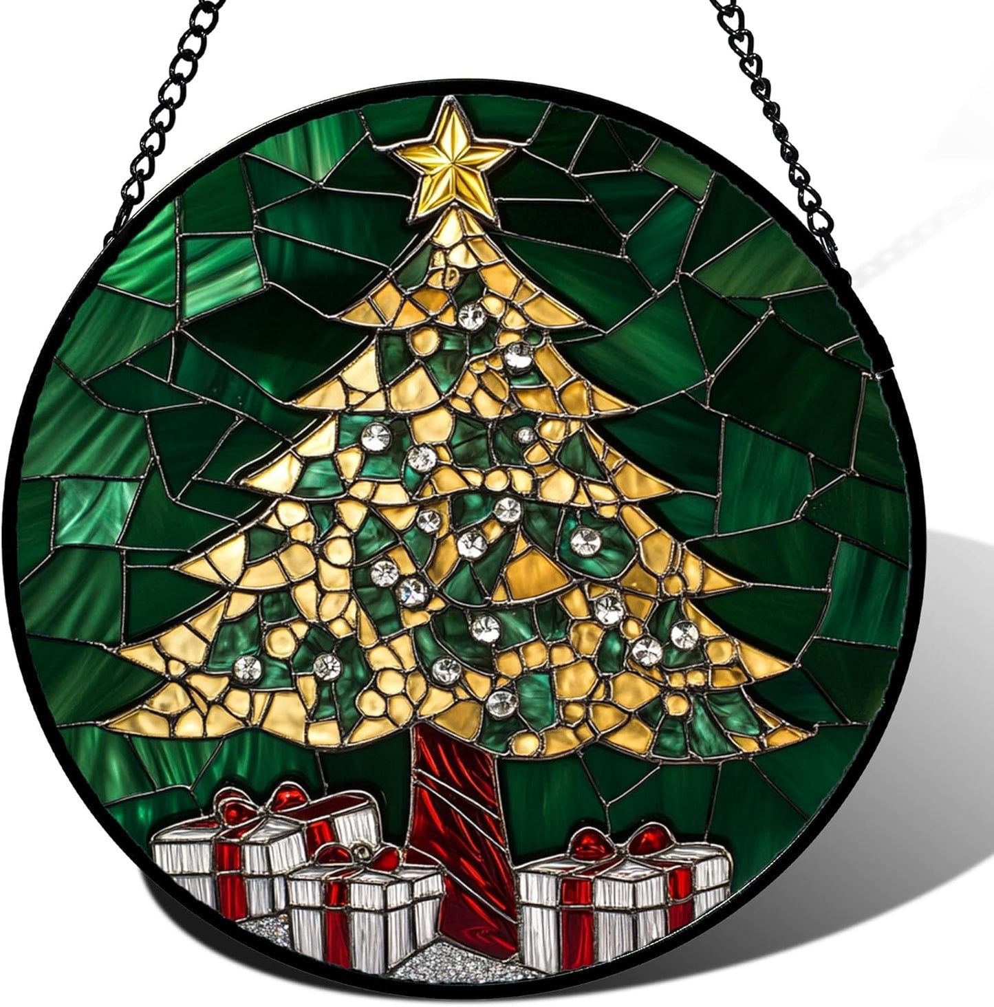 Stained Glass Window Hanging - Gold Green Christmas Tree Suncatcher for Doors Home Christmas Decoration Winter Sun Catcher Thanksgiving New Year Birthday Gifts for Women Men Mom Nana 6.3 in