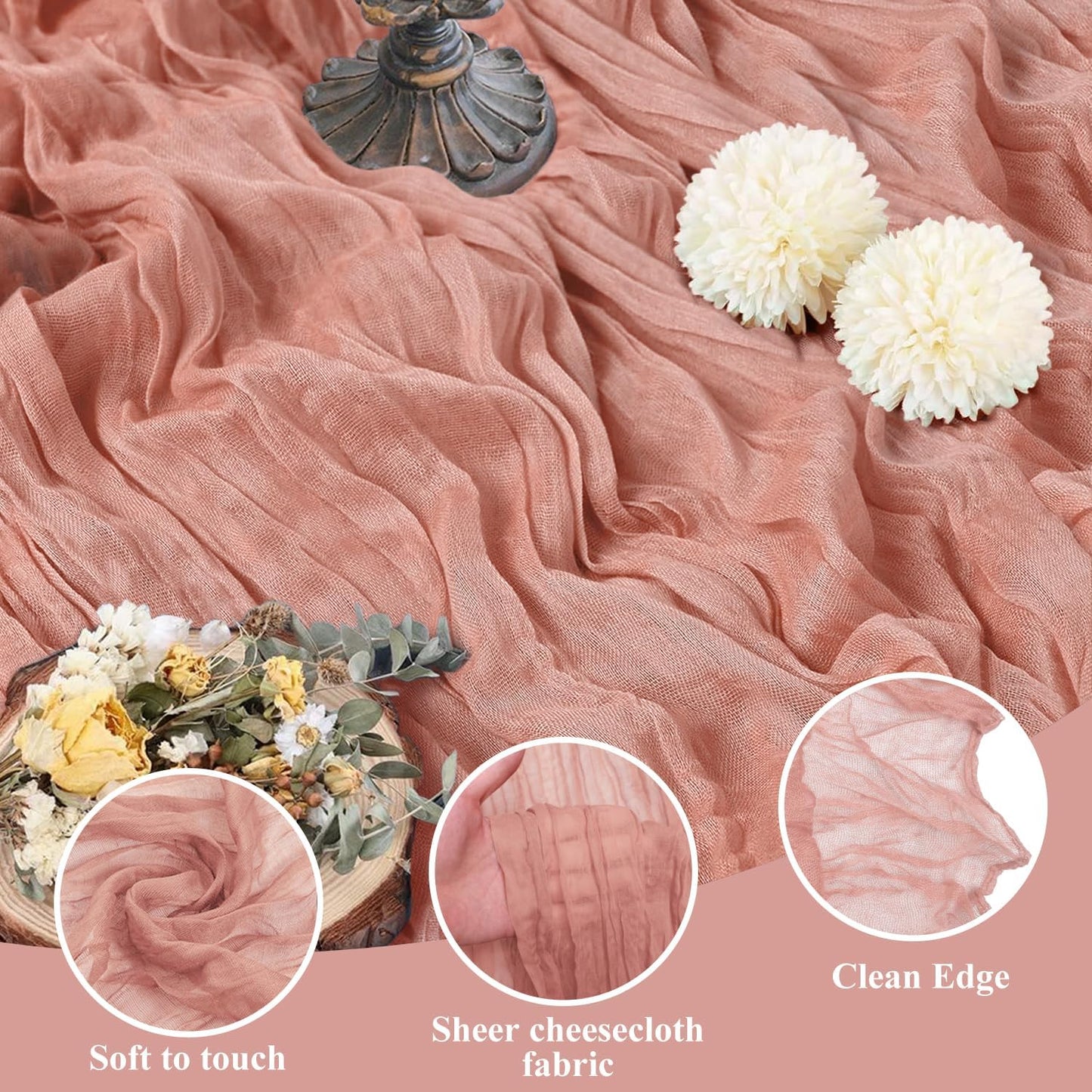 Asee'm 4pcs Cheesecloth Table Runner 120 Inches Dark Rose Boho Gauze Cheese Cloth Runner 10FT Rustic Sheer Table Runners for Summer Wedding Baby Shower Holiday Party Decoration