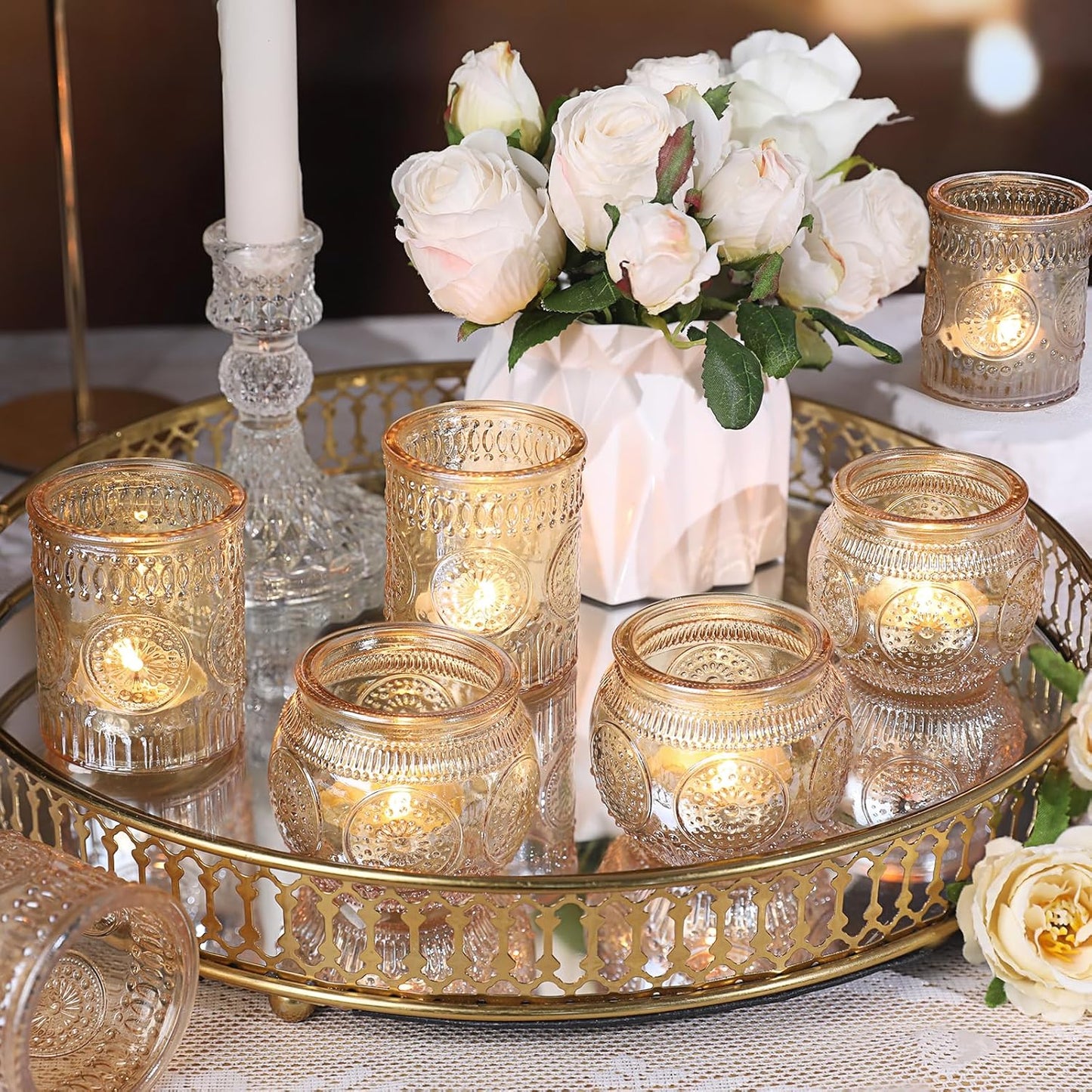 DARJEN 12Pcs Gold Votive Candle Holders - Glass Candle Holder for Table Centerpiece, Tea Lights Candle Holders for Home, Party & Wedding Shower Decoration