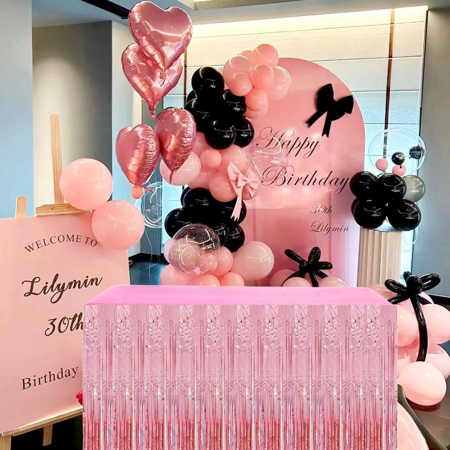 Pink Streamers Party Decorations, 2 Packs Pink Table Skirts Metallic Foil Fringe Tinsel for Birthday Bachelorette Girl Baby Shower Fiesta Float Parade Graduation Party Supplies -29x108Inch