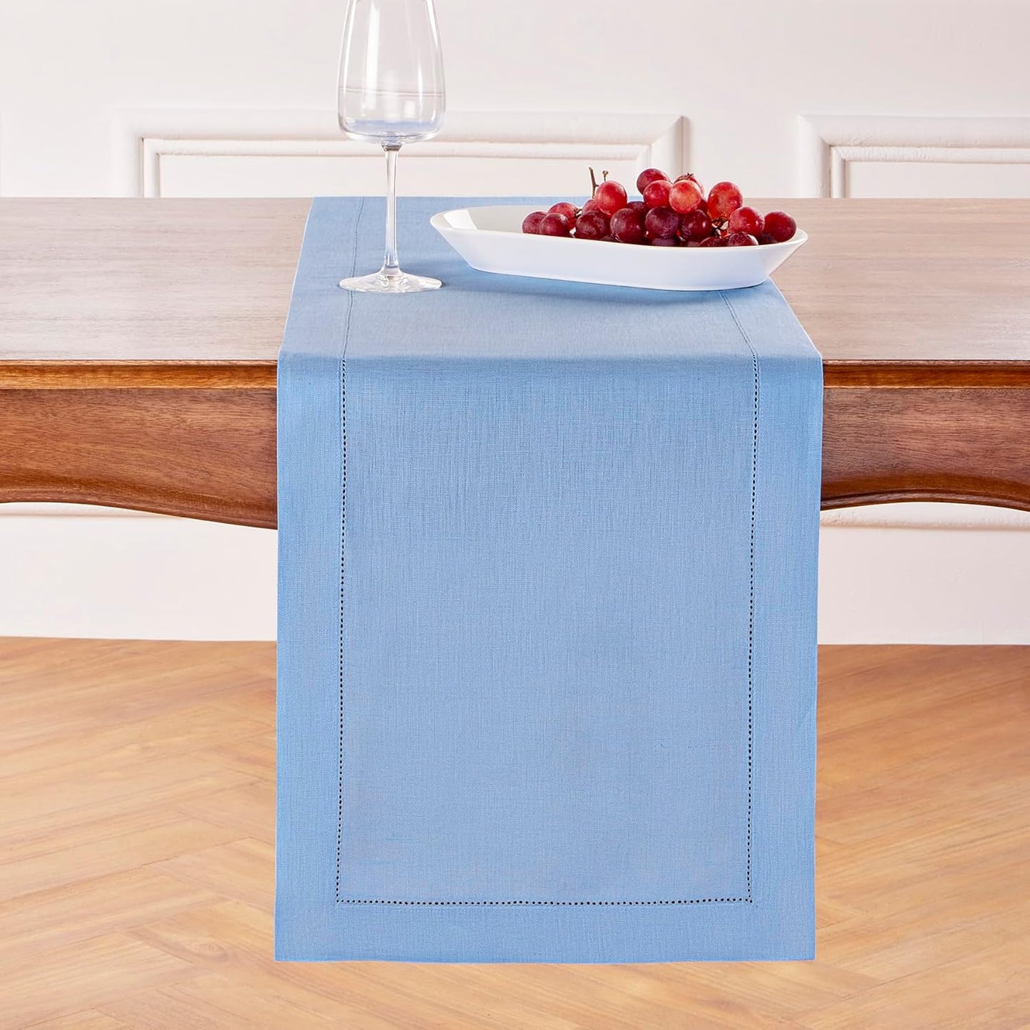 Solino Home Linen Cornflower Blue Table Runner 132 Inches Long - 100% Pure Linen Hemstitch 14 x 132 Inch Table Runner for Dining - Classic Hemstitch