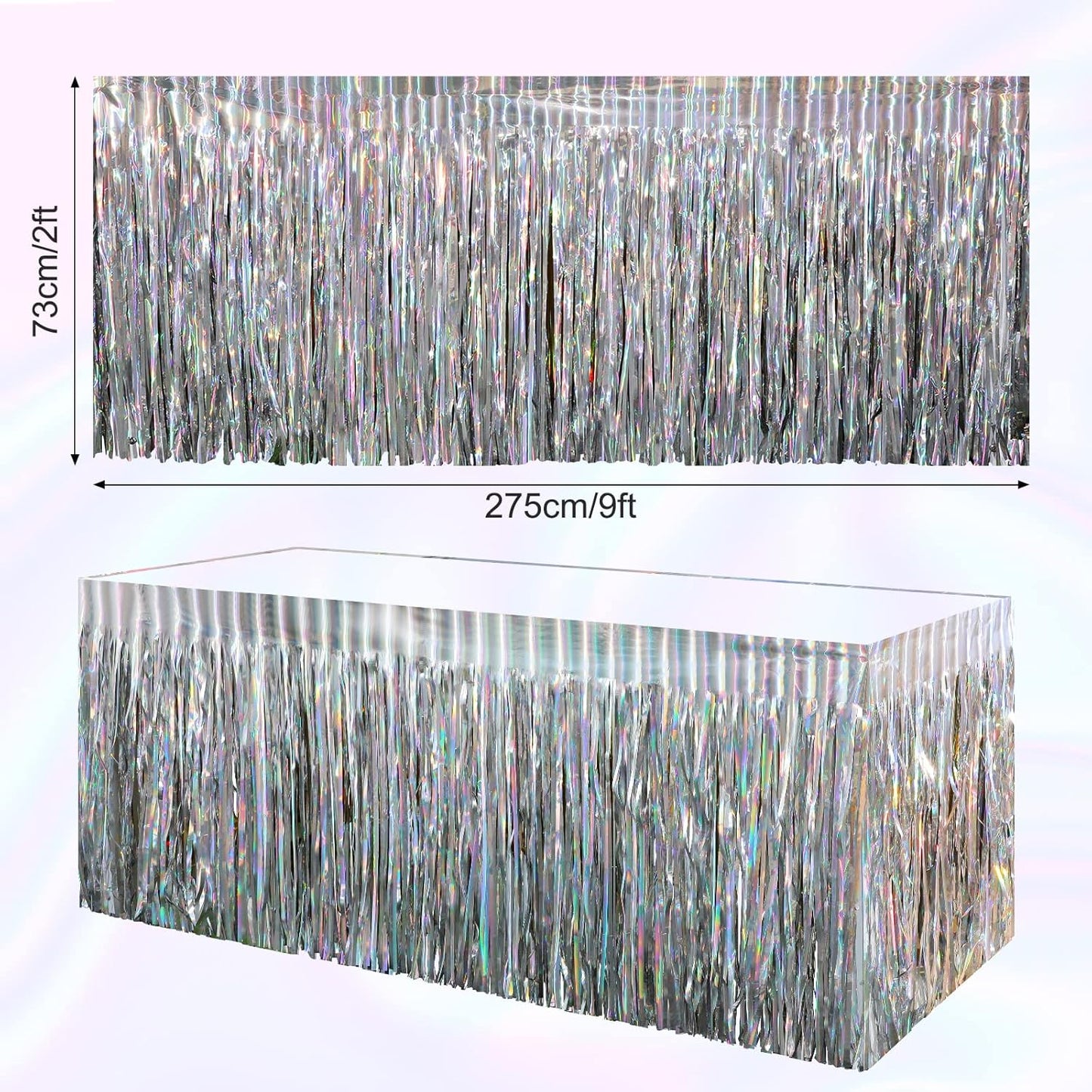 8 Pack Iridescent Table Skirt, Metallic Foil Fringe Tinsel Table Skirts for Rectangle Tables, Disposable Laser Rainbow Table Skirt Iridescent Party Decorations for Birthday Wedding Holiday, 29x108Inch
