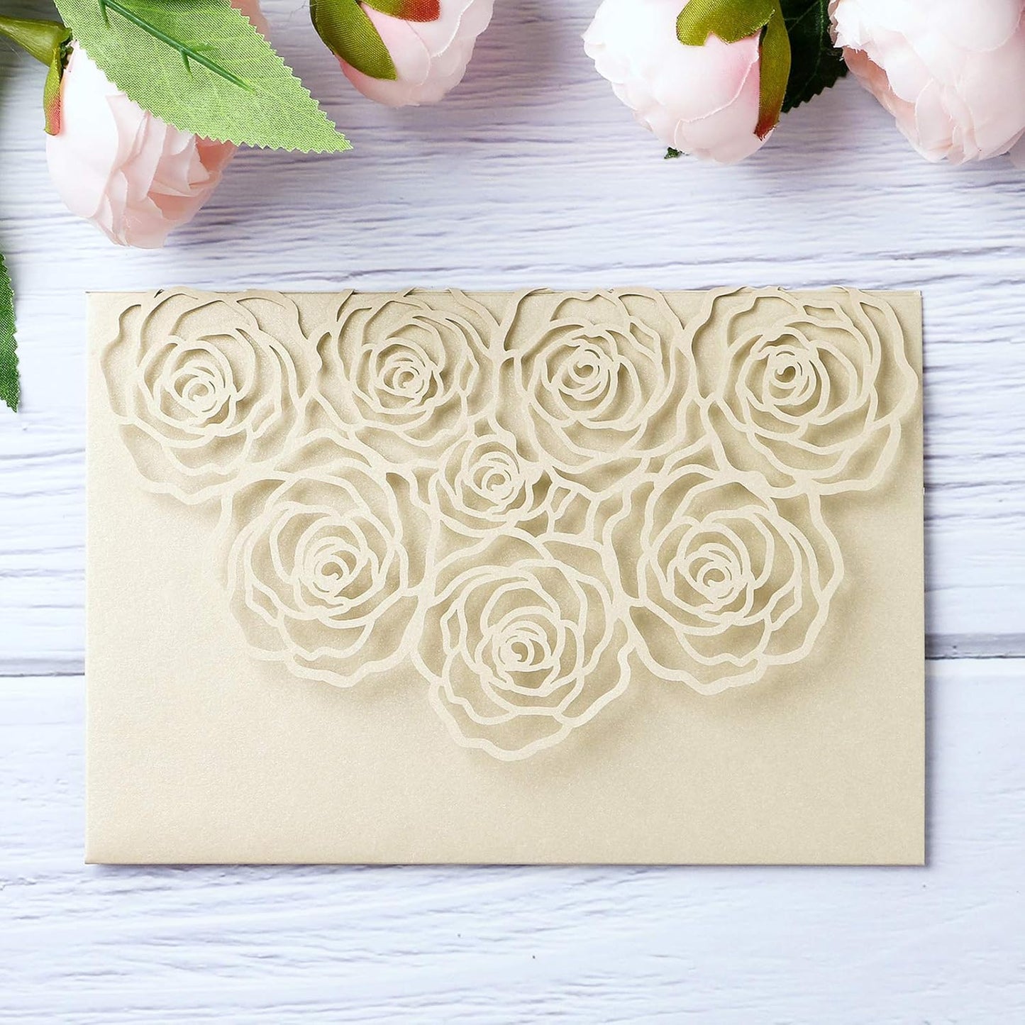 20 Pcs Laser Cut Wedding Invitations Card Pocket with Envelope for Birthday Party Baby or Bride Shower Invite suitable for 5 * 7 Inches Insert Paper (Champagne)