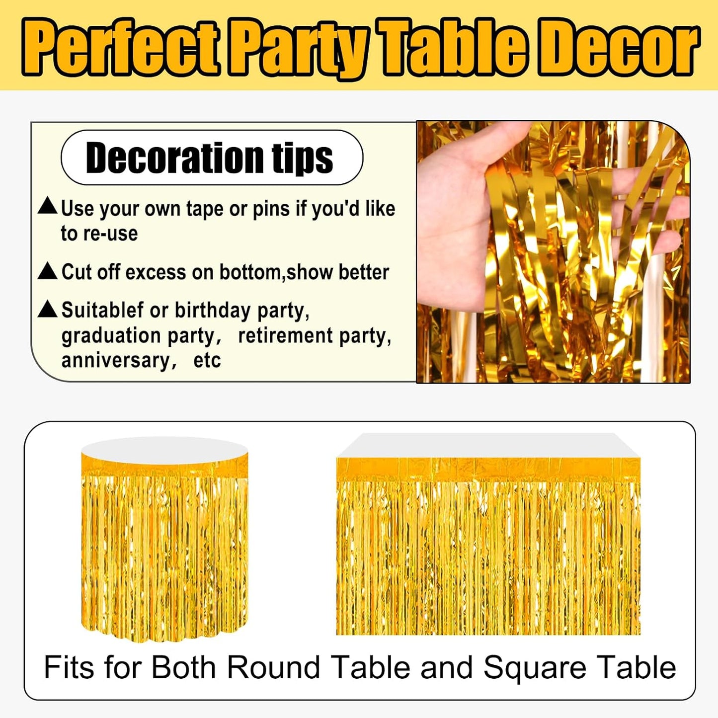 3 Pack 29x108 Inch Gold Foil Fringe Table Skirts Metallic Banner for Tinsel Streamer Garland Backdrop for Parade Floats Wedding Thanksgiving Birthday Christmas Halloween Party Decoration