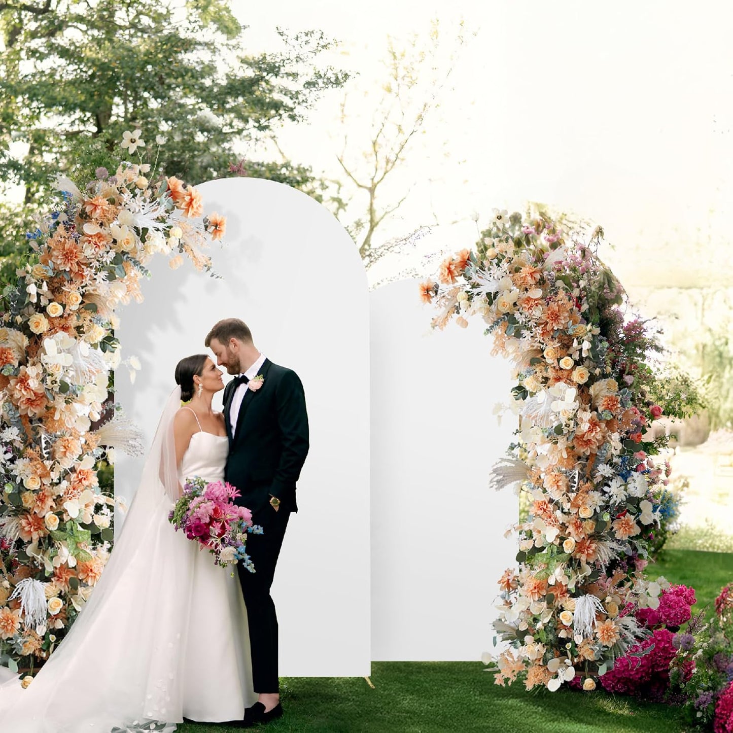 Set of 2 Arch Backdrop Cover White High Elastic Wrinkle-Resistant Arch Cover Spandex Fabric Thick Opaque Round Top Chiara Backdrop for Weddings Birthday Baby Shower Garden 6.6FT, 8FT