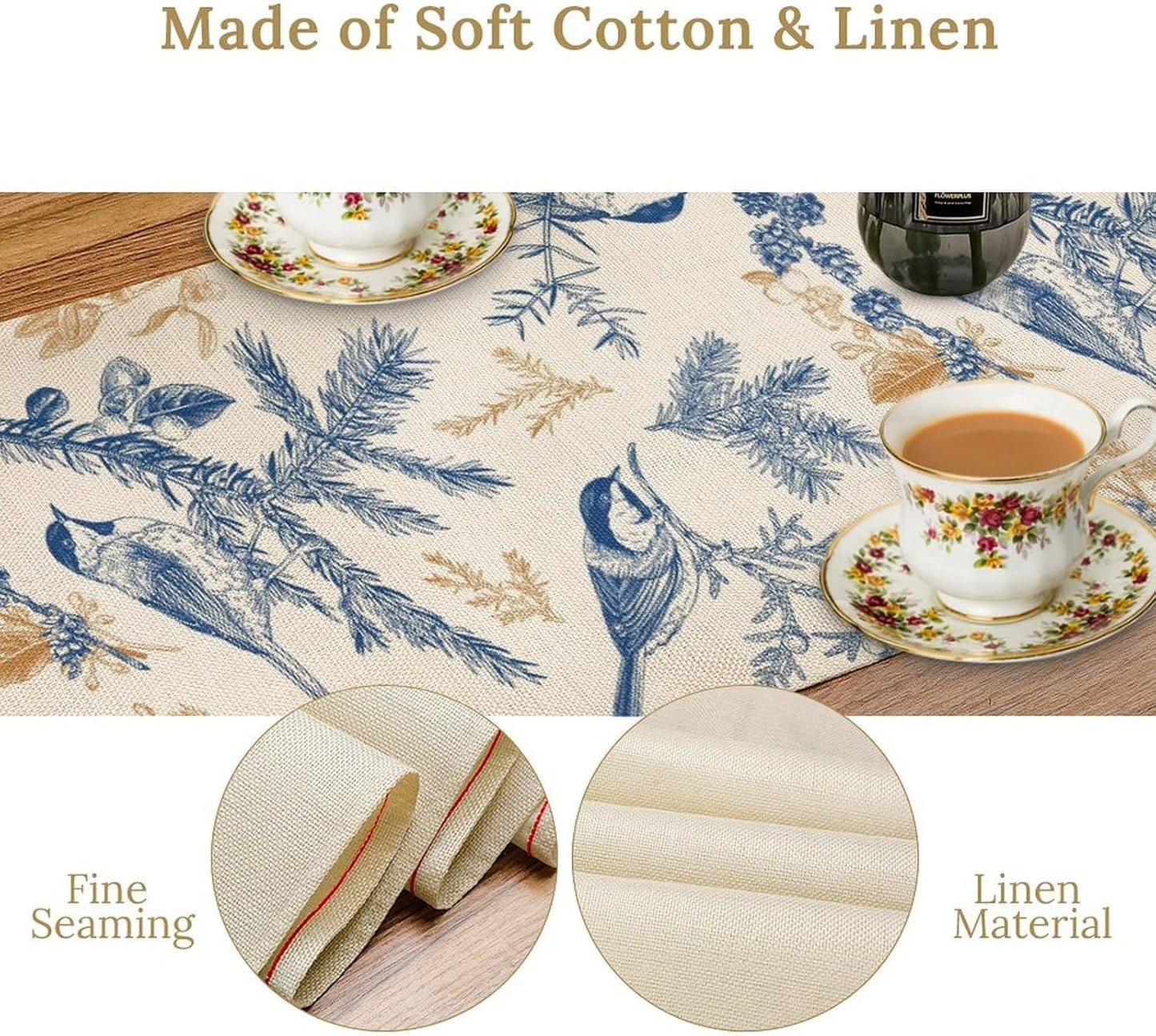 Floral Table Runner,Sketch Birds and Flowers Summer Table Runner Kitchen Dining Table Decoration for Home Party Decor 13x36 Inch